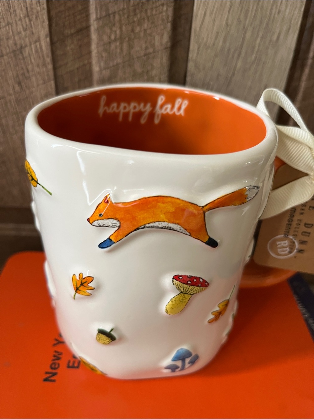 Rae Dunn Woodland Autumn Mug Ceramic Blue Squirrel Mushrooms Fall Leaves Orange